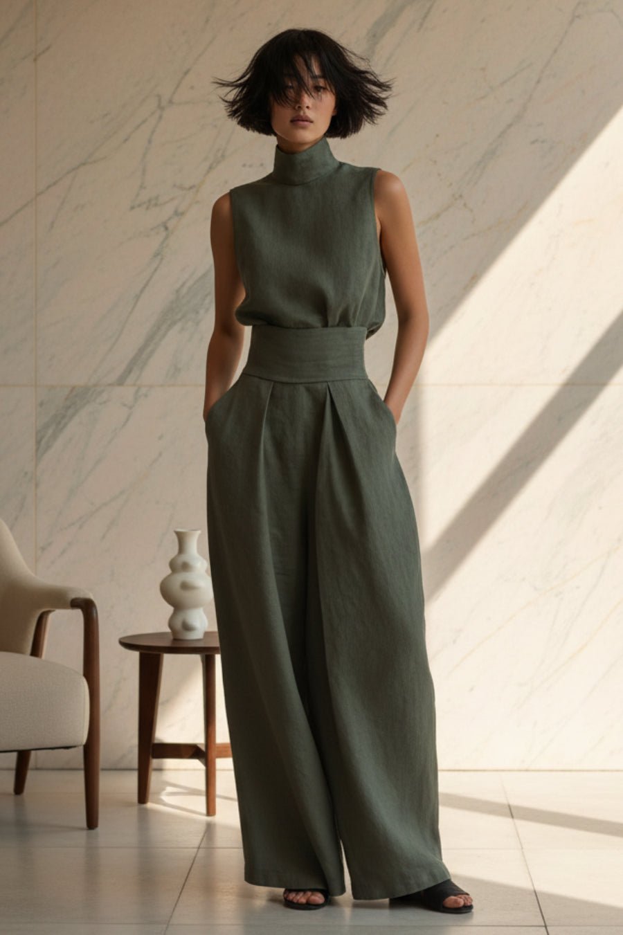 Women's Linen-Blend High-Neck Sleeveless Top & Wide-Leg Pants Set - Che Cose Belle