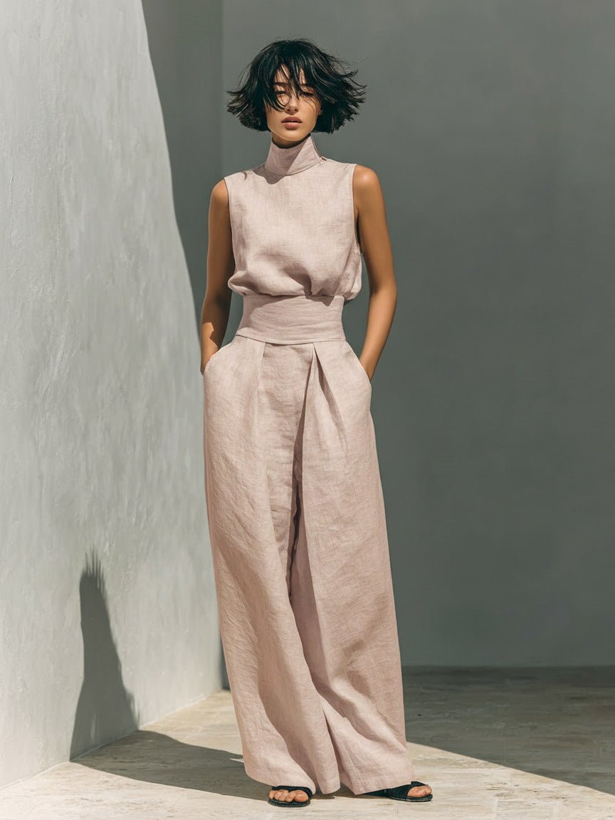 Women's Linen-Blend High-Neck Sleeveless Top & Wide-Leg Pants Set - Che Cose Belle