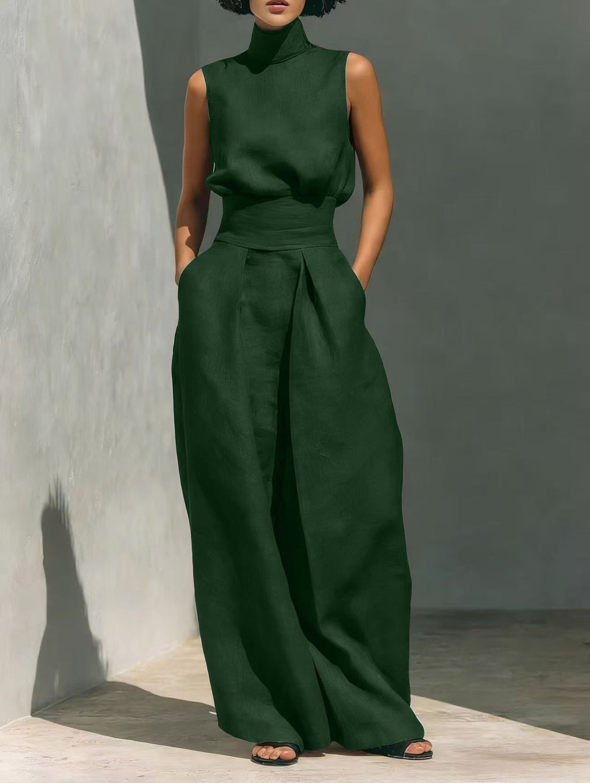 Women's Linen-Blend High-Neck Sleeveless Top & Wide-Leg Pants Set - Che Cose Belle