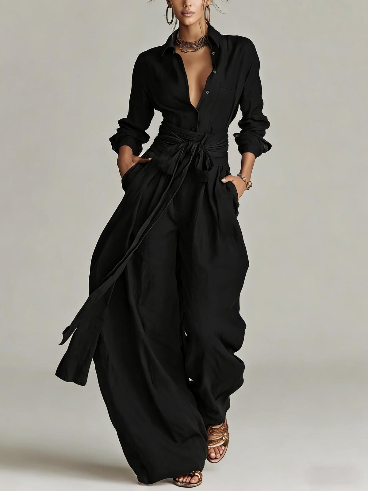 Women's Linen Long Sleeve Shirt & High-Waist Wide-Leg Pants Set with Tie Belt - Che Cose Belle