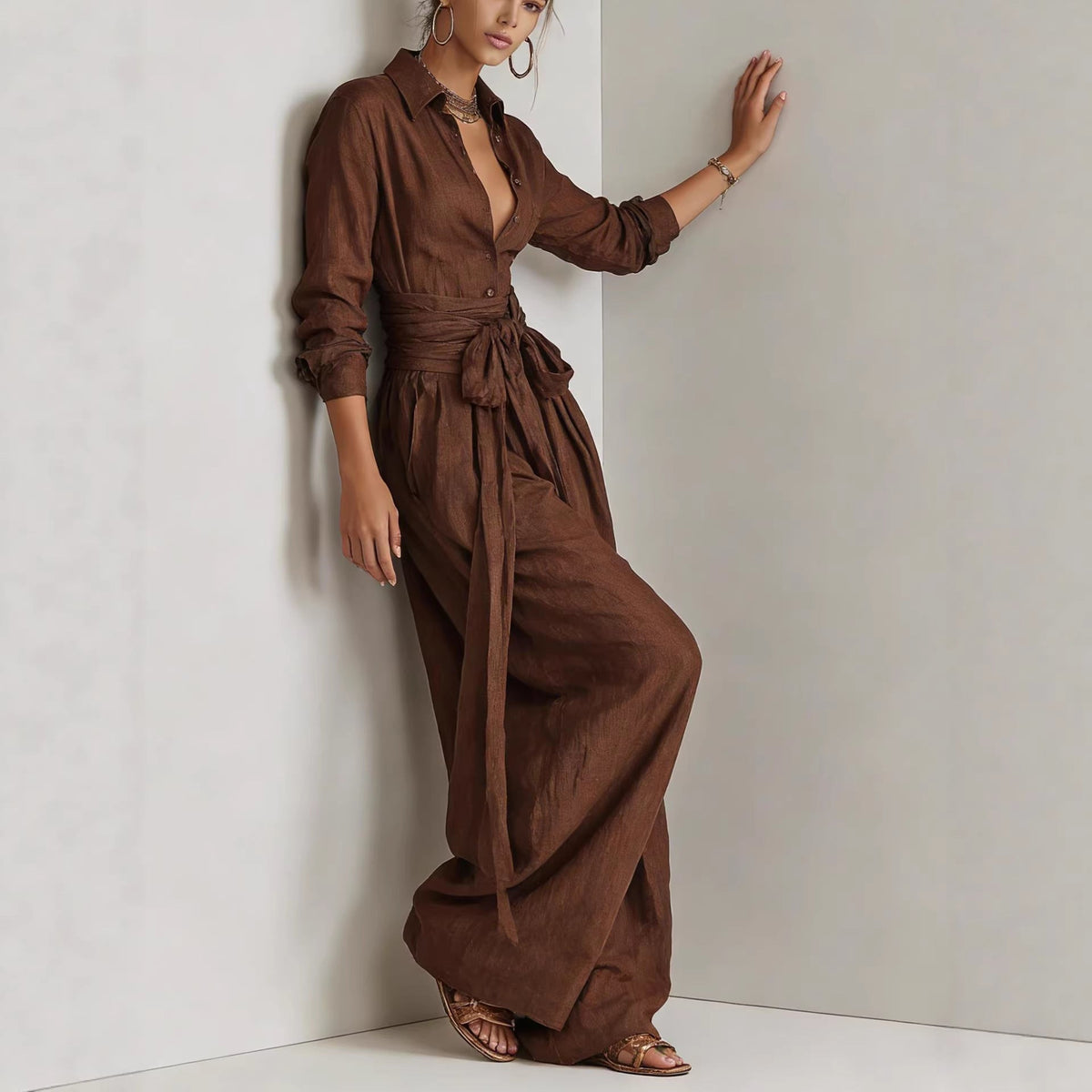 Women's Linen Long Sleeve Shirt & High-Waist Wide-Leg Pants Set with Tie Belt - Che Cose Belle