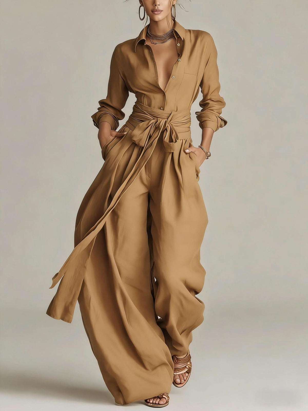 Women's Linen Long Sleeve Shirt & High-Waist Wide-Leg Pants Set with Tie Belt - Che Cose Belle
