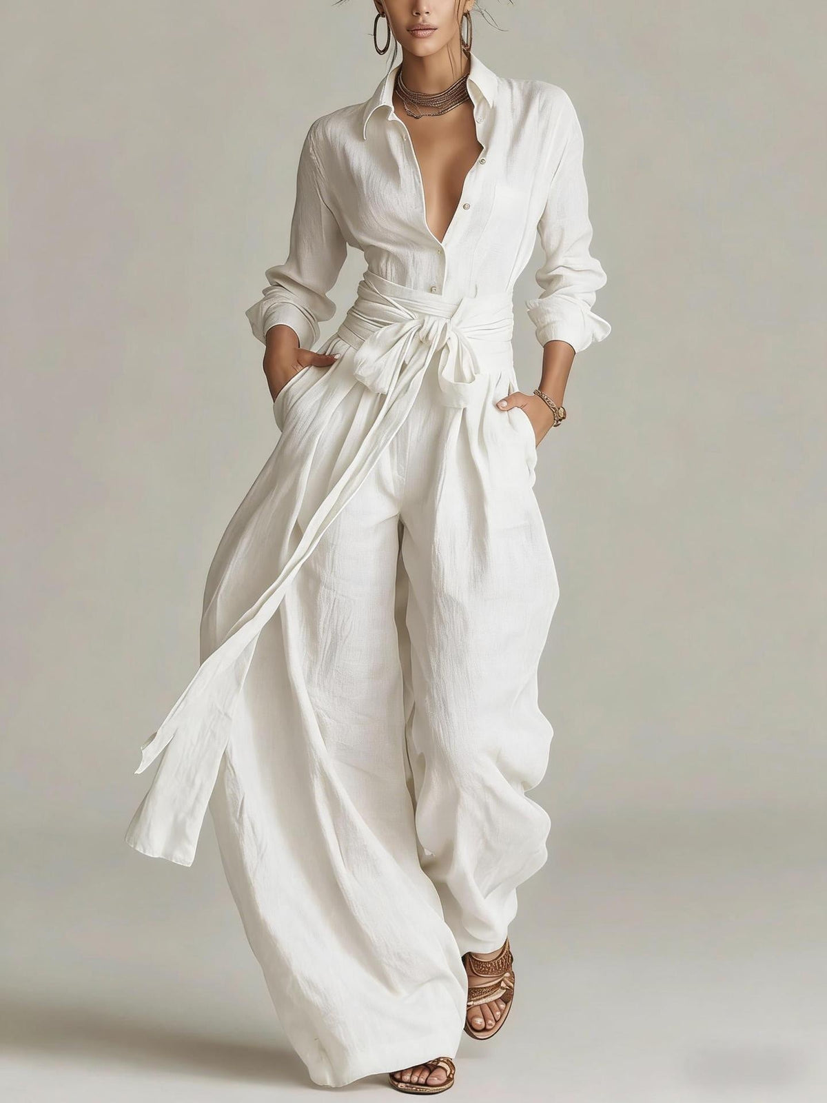 Women's Linen Long Sleeve Shirt & High-Waist Wide-Leg Pants Set with Tie Belt - Che Cose Belle