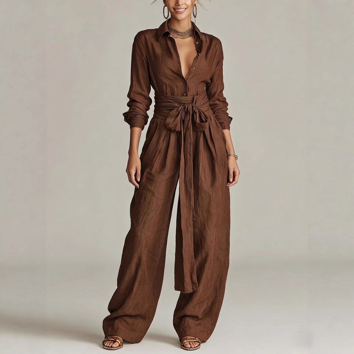 Women's Linen Long Sleeve Shirt & High-Waist Wide-Leg Pants Set with Tie Belt - Che Cose Belle