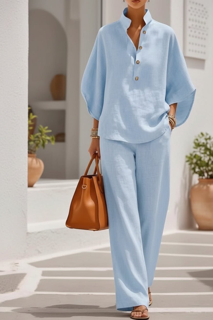 Women's Linen-Look Stand Collar Batwing Top & Wide-Leg Pants Set - Che Cose Belle