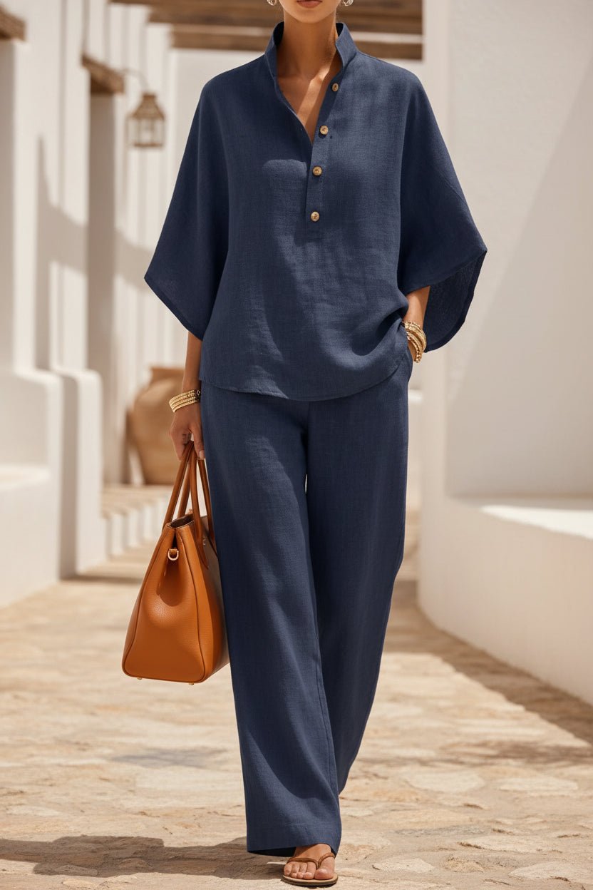 Women's Linen-Look Stand Collar Batwing Top & Wide-Leg Pants Set - Che Cose Belle