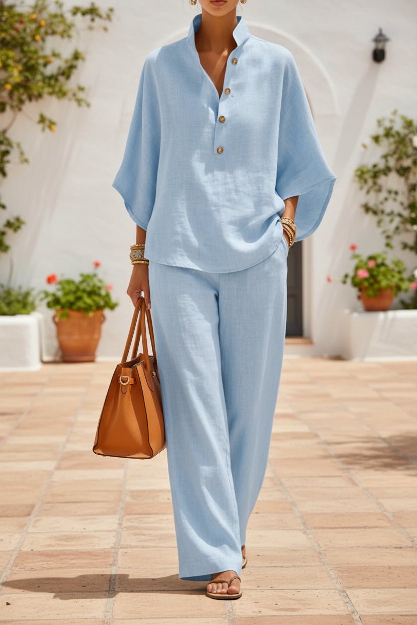 Women's Linen-Look Stand Collar Batwing Top & Wide-Leg Pants Set - Che Cose Belle