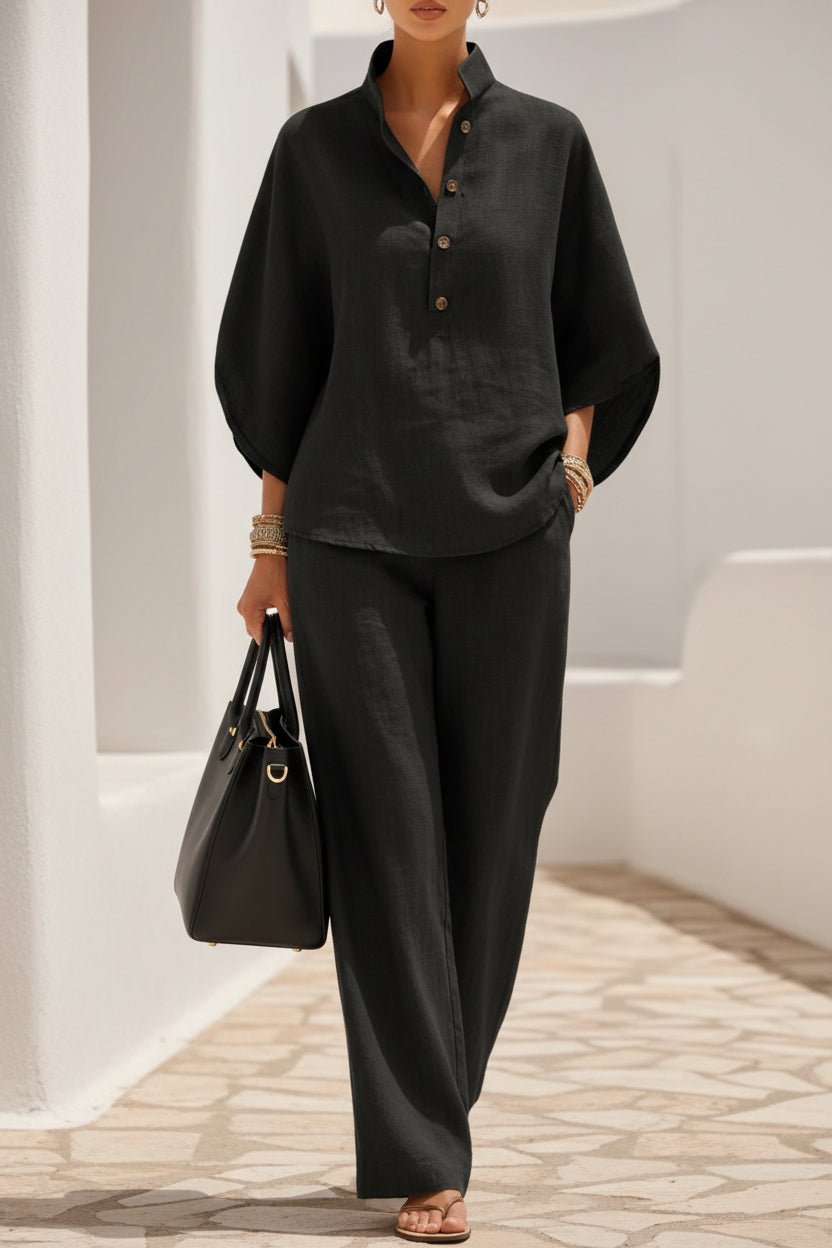 Women's Linen-Look Stand Collar Batwing Top & Wide-Leg Pants Set - Che Cose Belle