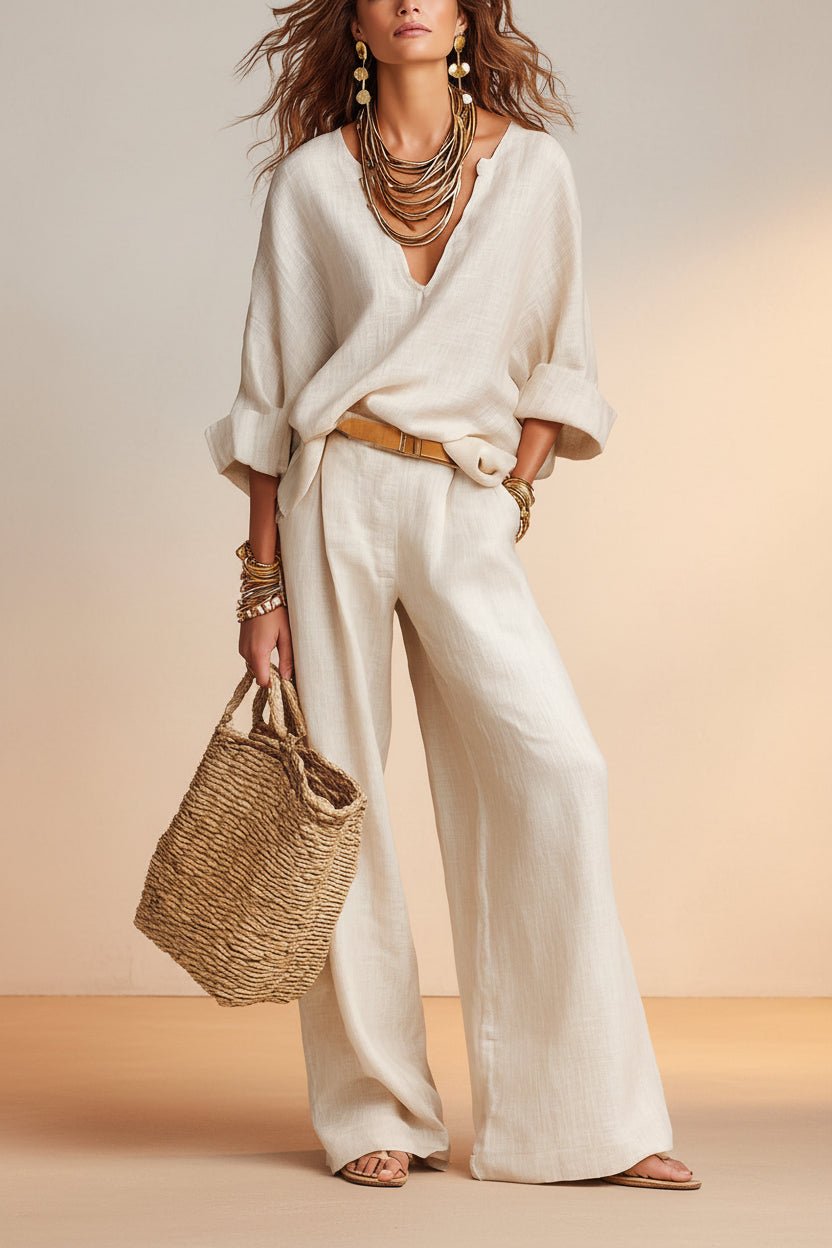 Women's Linen-Style Two-Piece Set – V-Neck Top & Wide-Leg Pants - Che Cose Belle