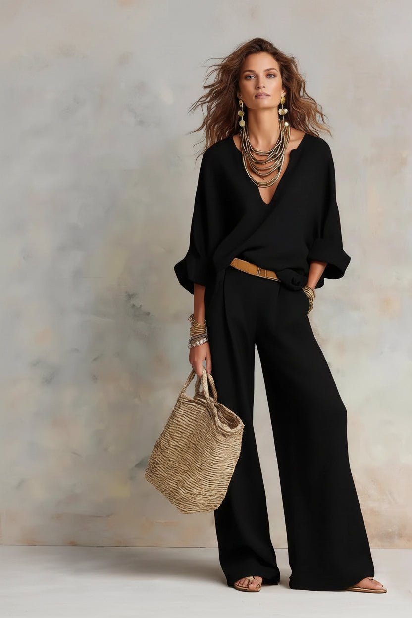 Women's Linen-Style Two-Piece Set – V-Neck Top & Wide-Leg Pants - Che Cose Belle