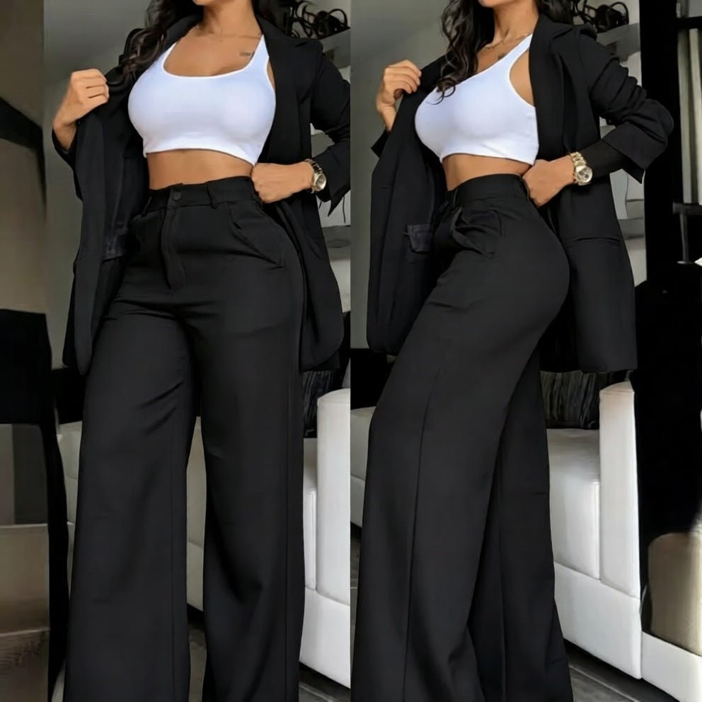 Women's Longline Open-Front Blazer & High-Waist Wide-Leg Trousers Suit Set – 8 Colors - Che Cose Belle