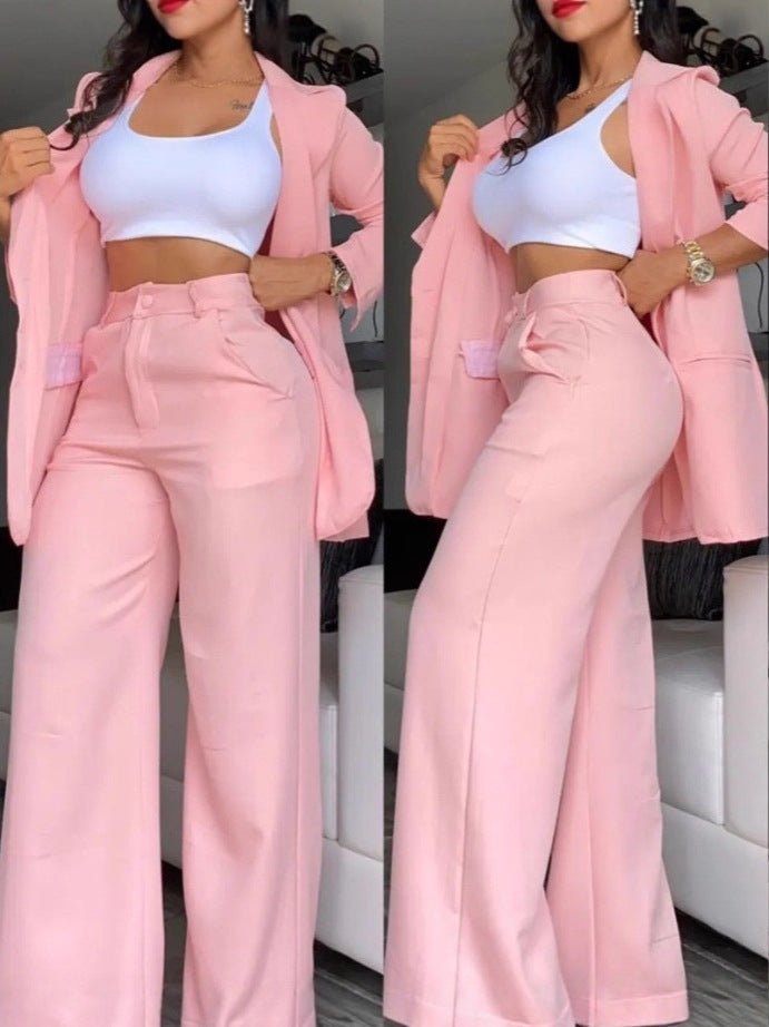 Women's Longline Open-Front Blazer & High-Waist Wide-Leg Trousers Suit Set – 8 Colors - Che Cose Belle