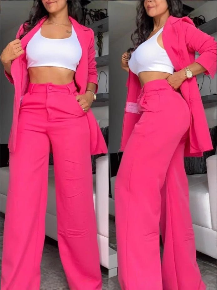 Women's Longline Open-Front Blazer & High-Waist Wide-Leg Trousers Suit Set – 8 Colors - Che Cose Belle