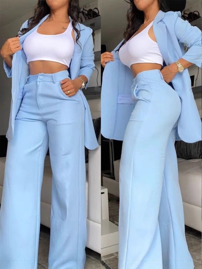 Women's Longline Open-Front Blazer & High-Waist Wide-Leg Trousers Suit Set – 8 Colors - Che Cose Belle