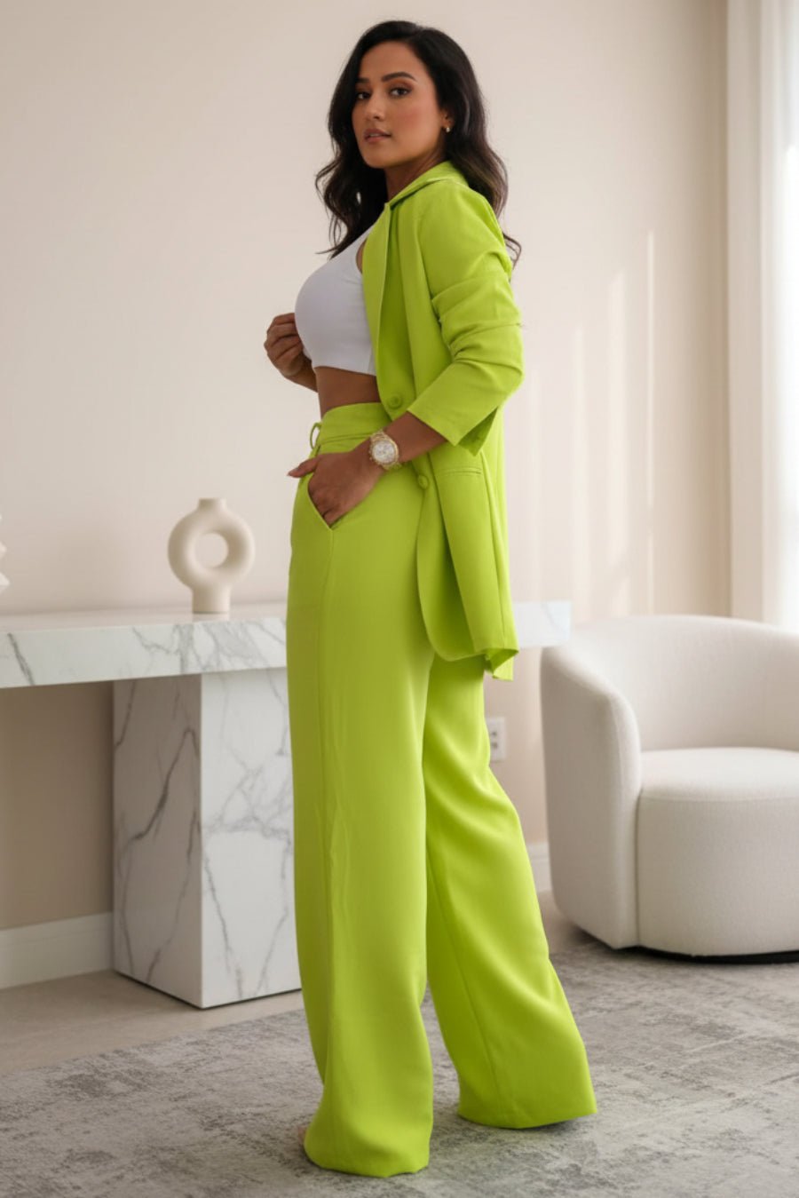 Women's Longline Open-Front Blazer & High-Waist Wide-Leg Trousers Suit Set – 8 Colors - Che Cose Belle
