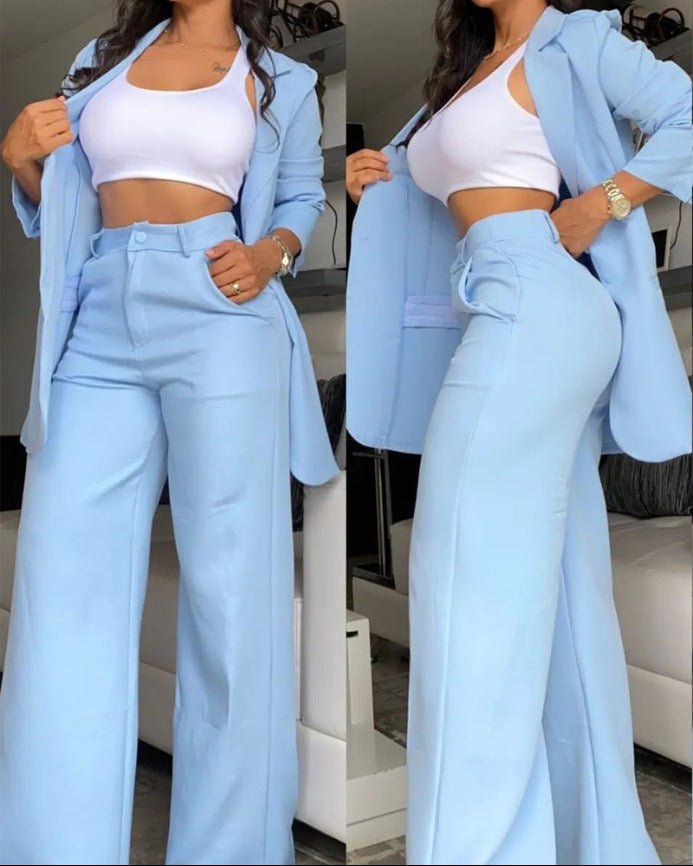 Women's Longline Open-Front Blazer & High-Waist Wide-Leg Trousers Suit Set – 8 Colors - Che Cose Belle