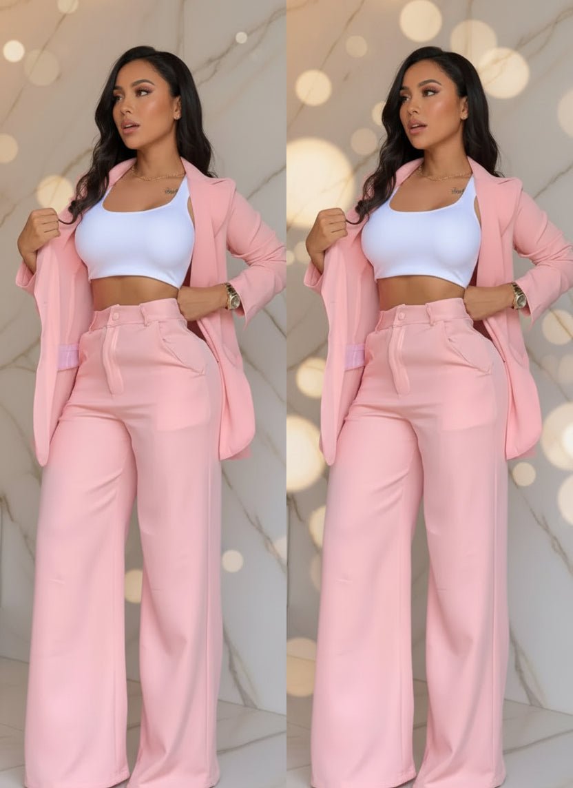 Women's Longline Open-Front Blazer & High-Waist Wide-Leg Trousers Suit Set – 8 Colors - Che Cose Belle