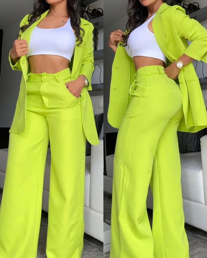 Women's Longline Open-Front Blazer & High-Waist Wide-Leg Trousers Suit Set – 8 Colors - Che Cose Belle