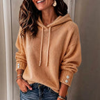 Women's Loose-Fit Drawstring Knit Hoodie with Button Cuffs - Che Cose Belle