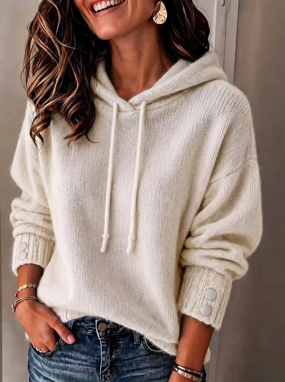 Women's Loose-Fit Drawstring Knit Hoodie with Button Cuffs - Che Cose Belle