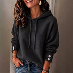 Women's Loose-Fit Drawstring Knit Hoodie with Button Cuffs - Che Cose Belle