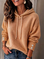 Women's Loose-Fit Drawstring Knit Hoodie with Button Cuffs - Che Cose Belle