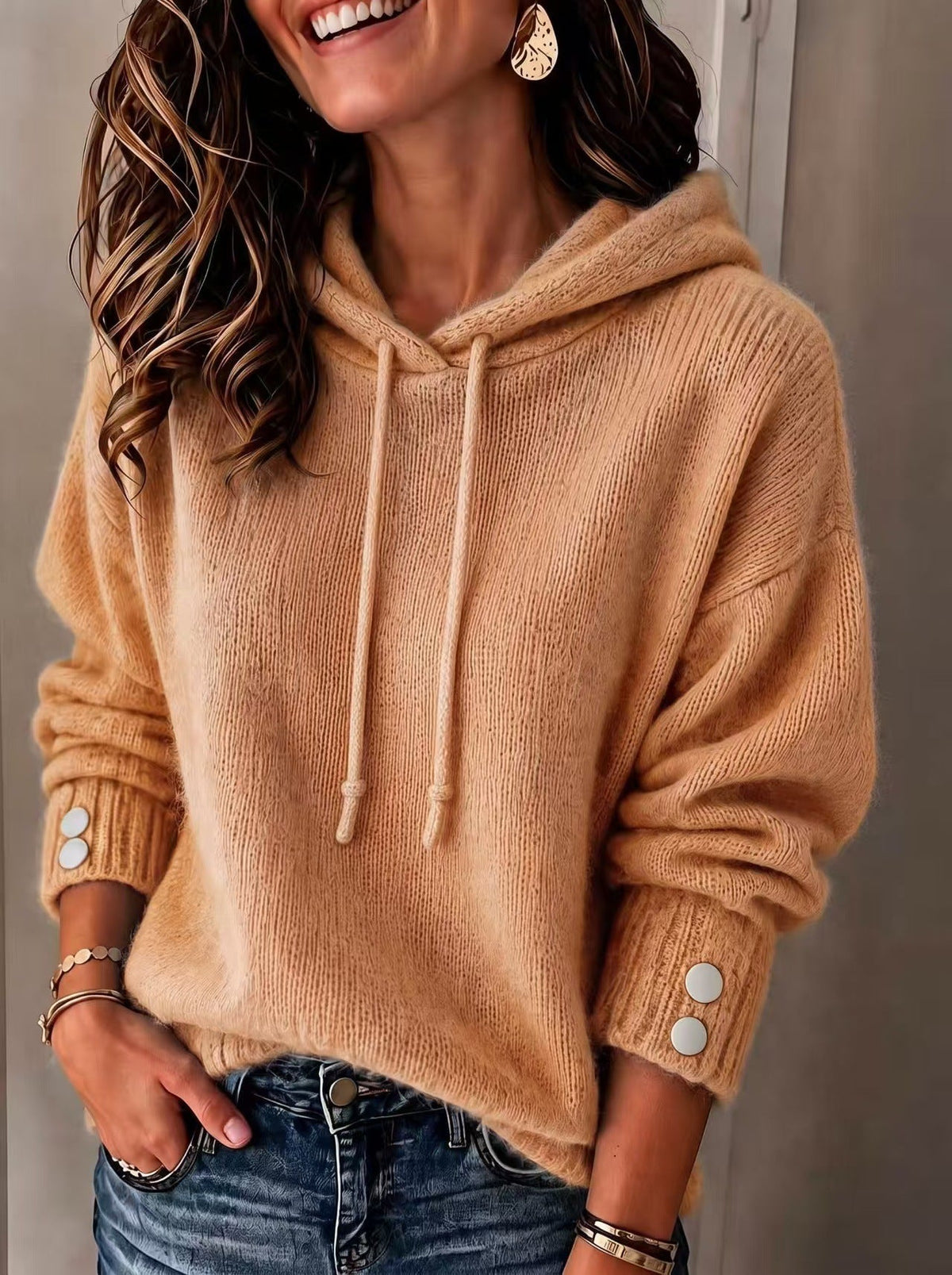Women's Loose-Fit Drawstring Knit Hoodie with Button Cuffs - Che Cose Belle