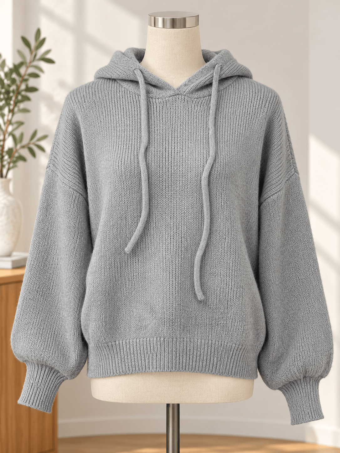 Women's Loose-Fit Drawstring Knit Hoodie with Button Cuffs - Che Cose Belle