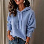 Women's Loose-Fit Drawstring Knit Hoodie with Button Cuffs - Che Cose Belle