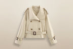 Women's Notch-Collar Short Trench Coat with Belt Buckle Detail - Che Cose Belle