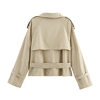 Women's Notch-Collar Short Trench Coat with Belt Buckle Detail - Che Cose Belle