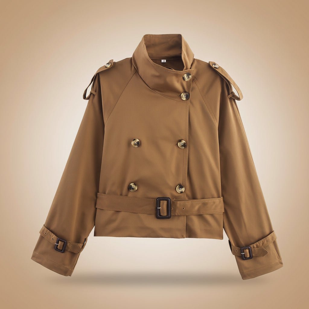 Women's Notch-Collar Short Trench Coat with Belt Buckle Detail - Che Cose Belle