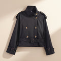 Women's Notch-Collar Short Trench Coat with Belt Buckle Detail - Che Cose Belle
