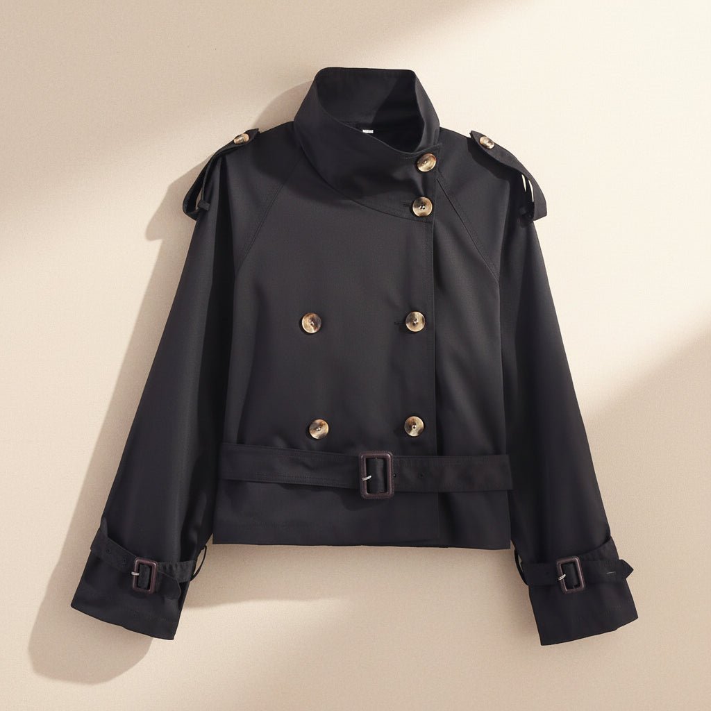 Women's Notch-Collar Short Trench Coat with Belt Buckle Detail - Che Cose Belle