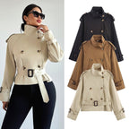 Women's Notch-Collar Short Trench Coat with Belt Buckle Detail - Che Cose Belle