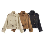 Women's Notch-Collar Short Trench Coat with Belt Buckle Detail - Che Cose Belle