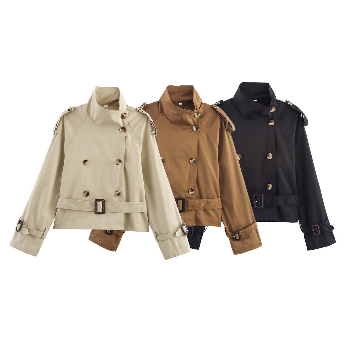 Women's Notch-Collar Short Trench Coat with Belt Buckle Detail - Che Cose Belle