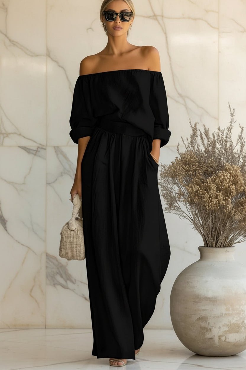 Women's Off-Shoulder Puff Sleeve Blouson Top & High-Rise Wide-Leg Pants Set - Che Cose Belle