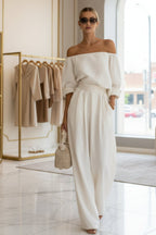 Women's Off-Shoulder Puff Sleeve Blouson Top & High-Rise Wide-Leg Pants Set - Che Cose Belle