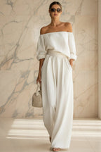 Women's Off-Shoulder Puff Sleeve Blouson Top & High-Rise Wide-Leg Pants Set - Che Cose Belle