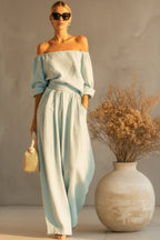 Women's Off-Shoulder Puff Sleeve Blouson Top & High-Rise Wide-Leg Pants Set - Che Cose Belle