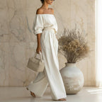 Women's Off-Shoulder Puff Sleeve Blouson Top & High-Rise Wide-Leg Pants Set - Che Cose Belle