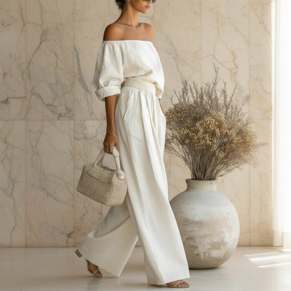 Women's Off-Shoulder Puff Sleeve Blouson Top & High-Rise Wide-Leg Pants Set - Che Cose Belle