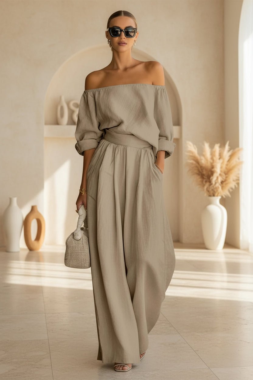 Women's Off-Shoulder Puff Sleeve Blouson Top & High-Rise Wide-Leg Pants Set - Che Cose Belle
