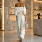 Women's Off-Shoulder Puff Sleeve Blouson Top & High-Rise Wide-Leg Pants Set - Che Cose Belle
