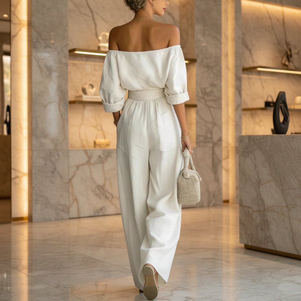 Women's Off-Shoulder Puff Sleeve Blouson Top & High-Rise Wide-Leg Pants Set - Che Cose Belle
