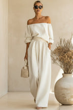 Women's Off-Shoulder Puff Sleeve Blouson Top & High-Rise Wide-Leg Pants Set - Che Cose Belle