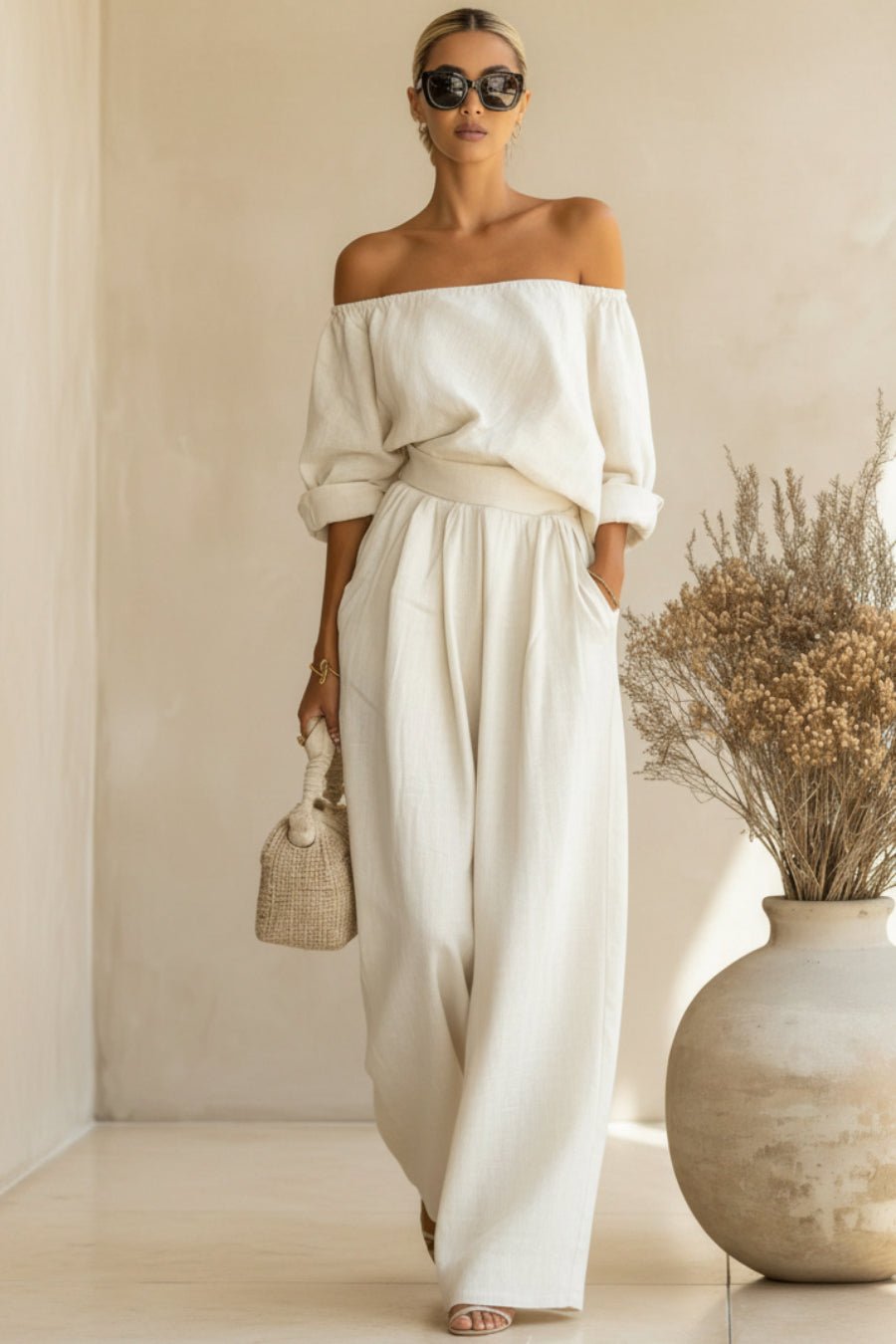 Women's Off-Shoulder Puff Sleeve Blouson Top & High-Rise Wide-Leg Pants Set - Che Cose Belle
