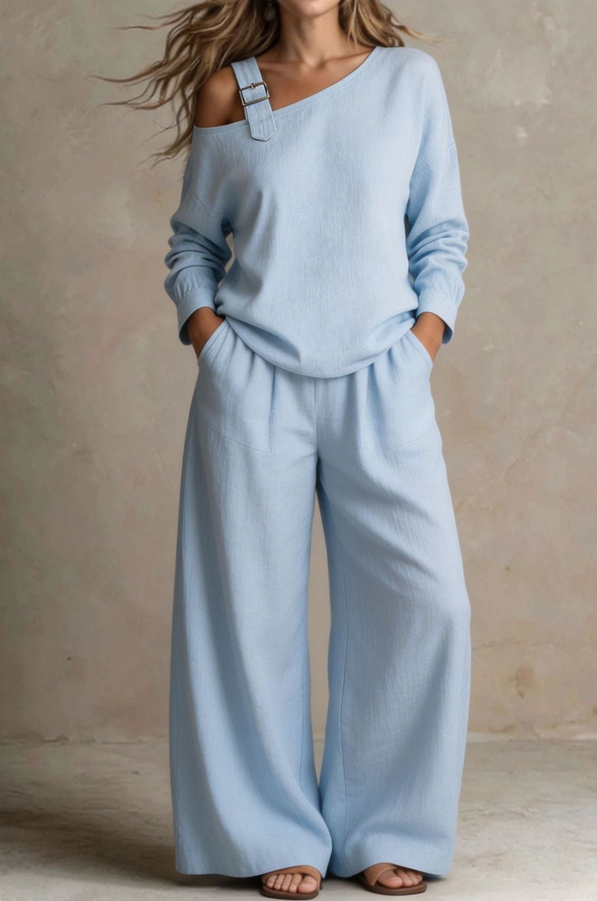 Women's One-Shoulder Buckle-Strap Long-Sleeve Linen Blend Top & Wide-Leg Palazzo Trouser Set - Che Cose Belle