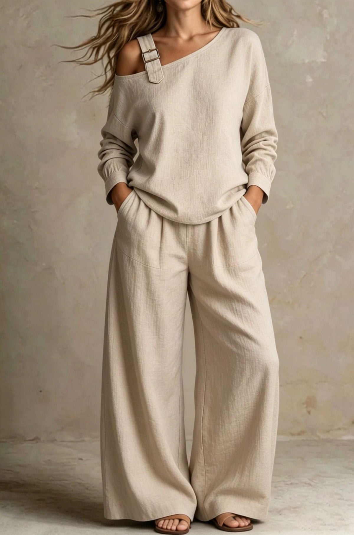 Women's One-Shoulder Buckle-Strap Long-Sleeve Linen Blend Top & Wide-Leg Palazzo Trouser Set - Che Cose Belle